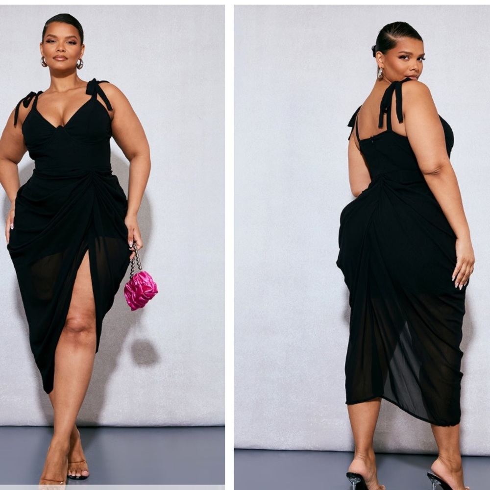 PrettyLittleThing Black Tie-Shoulder Ruched Midi Dress